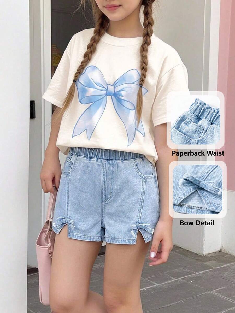 Shorts vaqueros informales para niñas preadolescentes, nuevo diseño con detalles delanteros rasgados y desgastados, y abertura lateral, lavado azul claro - Azul - Ver 1