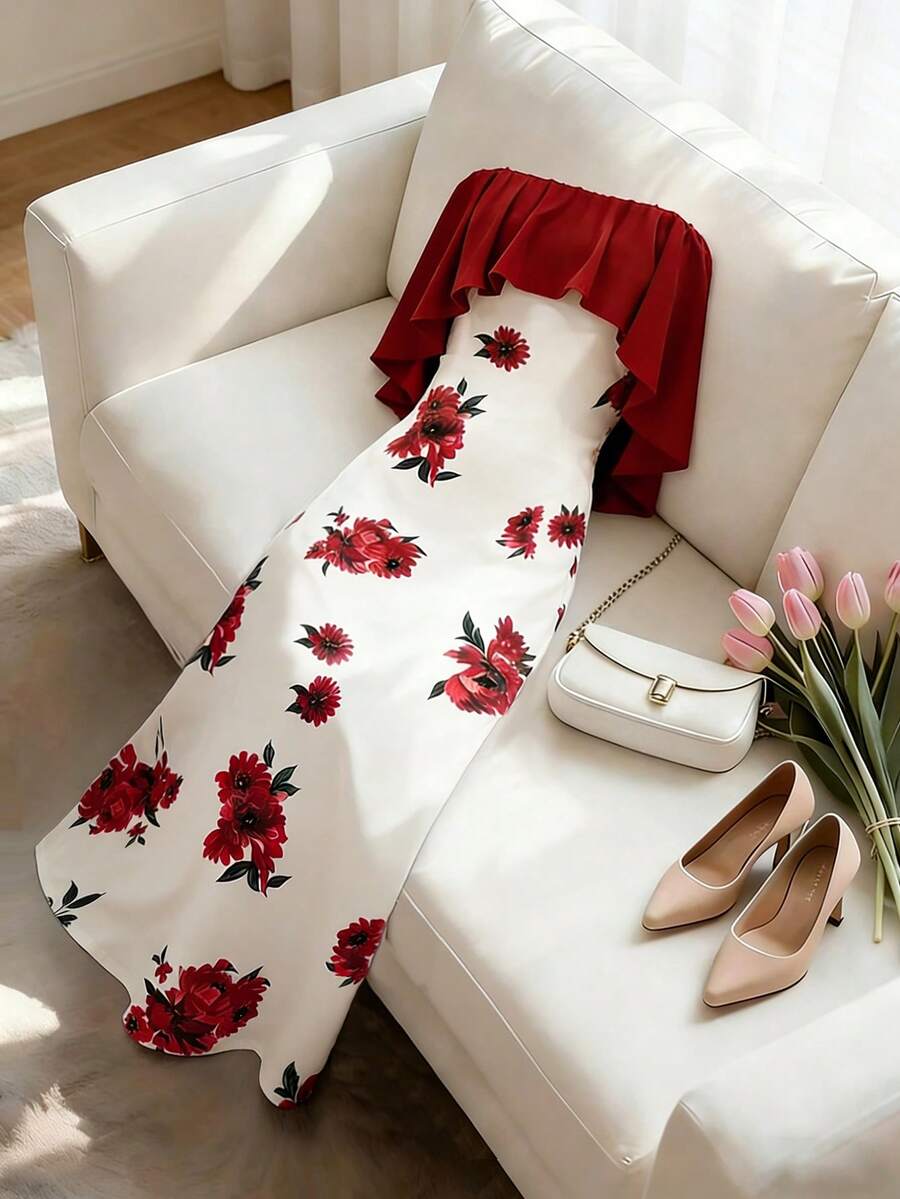 Franclia Fiery Red Floral Print Long A Line Dress For Women Elegant Sleeveless With Ruffle Asymmetrical Neck And Flared Hem Design - Fiery Red - View 1