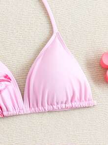 SHEIN 少女三件套比基尼，可爱粉色百合花针织三角上衣、三角泳裤、三角围巾，时尚休闲优雅女士风格，适合游泳、夏季度假、海滩、泳池、节日派对等场合。 - 粉色 - 查看 3