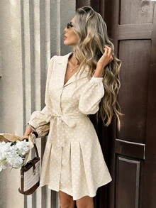SHEIN PariChic Women's Elegant Rose Print Long-Sleeved Dress,Beige Summer Date A-Line Short Dress With Bow Belt,Front Buttons, Puff-Sleeved Stylish Design - Apricot - View 4