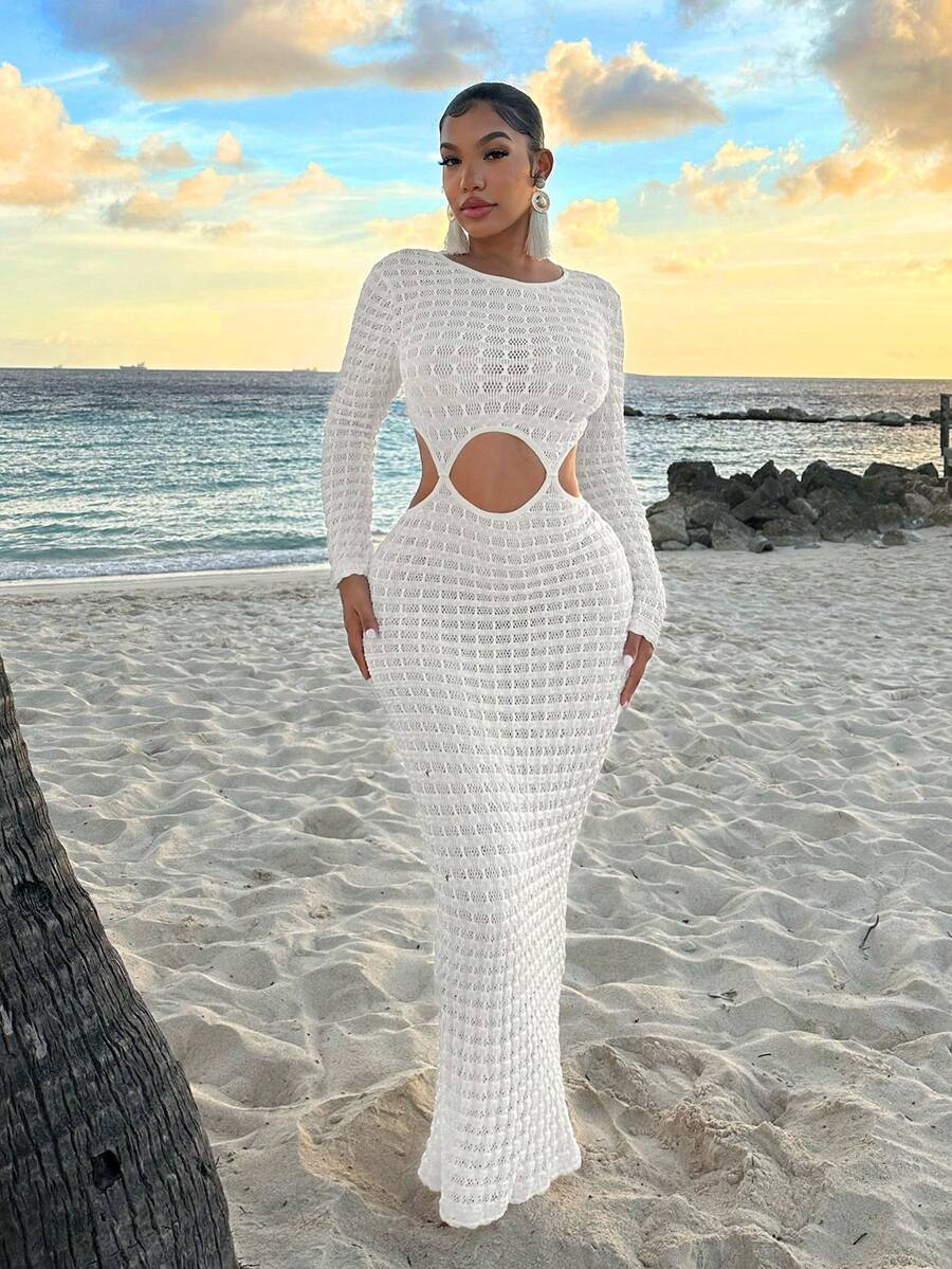 SHEIN SXY 大码女式沙滩装透视杏色长款性感连衣裙，适合夏季、约会之夜、生日、单身派对、休闲、购物、街头风、外出、度假、海滩等场合，易于搭配，显瘦，修饰身材。 - 白色 - 查看 1