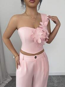 SHEIN Raffinéa 女士3D立体花卉装饰衬衫和阔腿裤休闲套装粉色两件套 女士两件套 女士优雅两件套春季套装 粉色连体裤 女士优雅两件套 女士套装 女士夏季套装 两件套 女士服装套装 - 粉色 - 查看 6