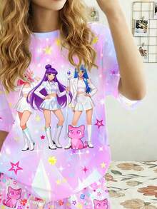 青少年女孩卡通星星印花圓領短袖上衣與短褲休閒家居睡衣套裝，適合夏季，動漫女孩寬鬆卡通T恤短褲套裝 - 彩色 - 查看 3