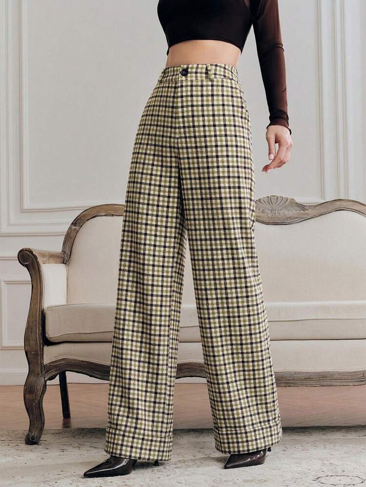 Women's Classic Plaid Straight-Leg Pants, Draping Slimming, Versatile For Commuting, Brown