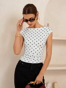 Lymera 春夏新款女装时尚休闲百搭白色底黑色波点印花柔软舒适高弹腰褶皱修身T恤 - 彩色 - 查看 4