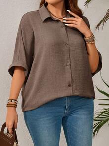 EMERY ROSE Camicia casual oversize da donna con maniche a pipistrello, monopetto, tinta unita, adatta per vacanze, abbigliamento estivo - Cachi - Visualizzare 6