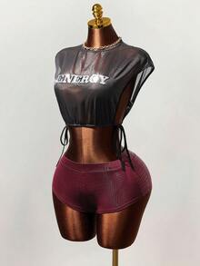 Mistrie Basic Fashion Casual Punk Round Neck Back Opening Pullover Top With Sequin 3D Embroidered Slogan Letters. Daily Outing, Party, Fashionable Street Style, Party Holiday Date Outfit. - Black - View 1