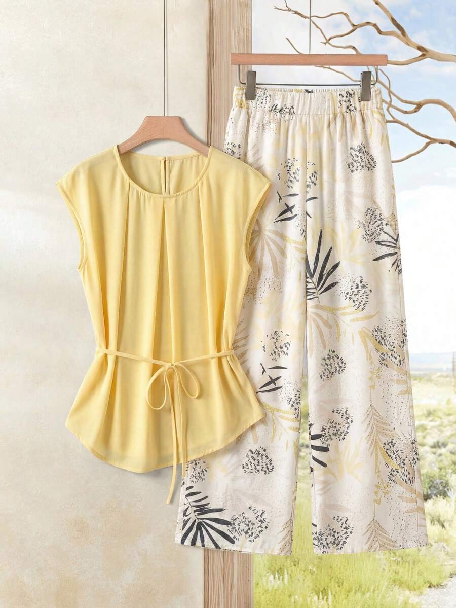 Rusticease Women's Yellow Round Neck Belted Top And All-Over Allover Print Pants 2 Pieces Set - Multicolor - View 1