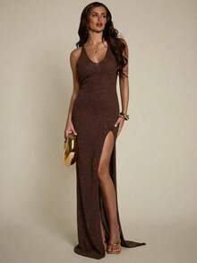 SHEIN BAE Casual Vacation Slit Knit Sweater Dress For Women - Chocolate Brown - View 4