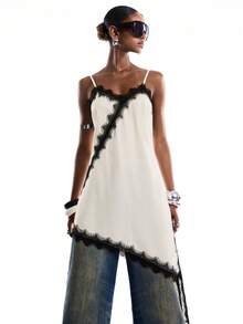 LYSMO 女士优雅撞色蕾丝边饰不对称下摆露背吊带迷你连衣裙，夏季 - 彩色 - 查看 4