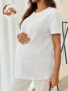 SHEIN Pregnant Women's Solid Color Round Neck Casual Breastfeeding Functional Short Sleeve Top, Versatile For Daily Wear - White - View 4