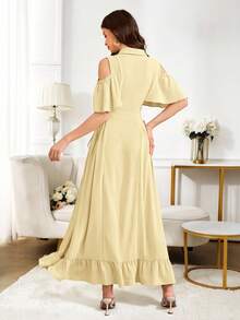 Al Najma Women's Off-Shoulder Ruffle Trim Casual Elegant Tie Strap Arabic Style Dress - Yellow - View 6
