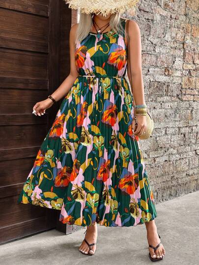 Elenzga 大码印花褶皱无袖休闲连衣裙