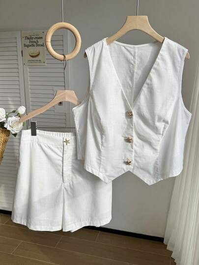 Comfortcana Plus Size Women Metal Starfish Button Vest And Shorts Casual Suit Set