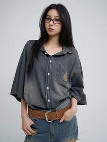 DAZY 女士单排扣做旧休闲百搭日常牛仔衬衫 - 藍色 - 查看 8