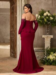 Aureia Plus Size Elegant Romantic Dark Red Open Shoulder Asymmetric Neckline Luxury Faux Pearl & Rhinestone Decor Mermaid Hem With Train Dress, Suitable For Wedding, Party, Celebration, Formal Event, Gala (Intricate Design) - Red - View 4