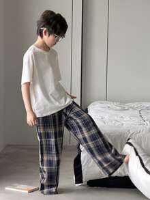 DAZY Tween Boy Solid Color Round Neck Drop Shoulder T-Shirt And Plaid Pants Casual Outfit Summer - White - View 5