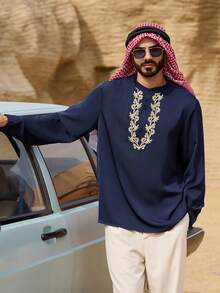 DAZY Camisa de manga larga azul marino con diseño de ribete en el cuello, estilo de Oriente Medio para hombres, primavera verano - Azul Marino - Ver 3