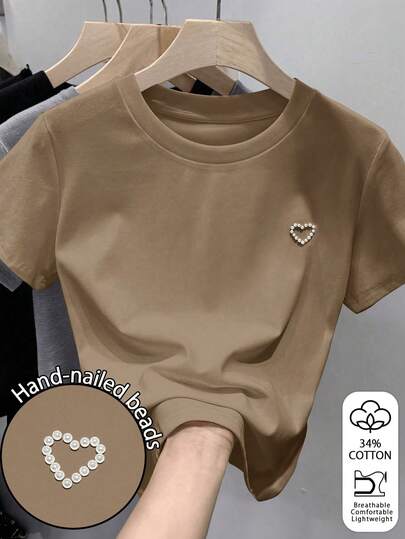 EMERY ROSE Camiseta corta casual y versátil de mujer decorada con cuentas, para verano