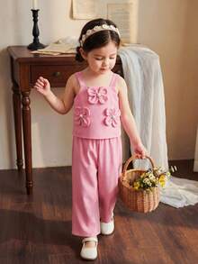 SHEIN Vintaside Kids Girls Pink Cute Fabric Tank Top Co-Ords With Plant Pattern And Ruffle Hem Detail Round Neck Long Pants Set - Pink - View 9