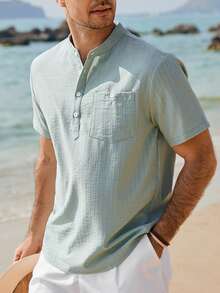 VENTUSAIL 男士纯色休闲短袖衬衫，夏季度假 - 綠色 - 查看 4