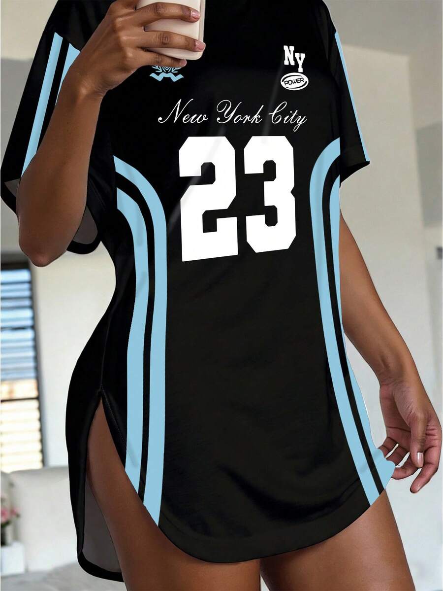 Maweii 女士休闲时尚创意数码印花短袖上衣，印有23号和标语图案，兼具街头运动风格 - 彩色 - 查看 1