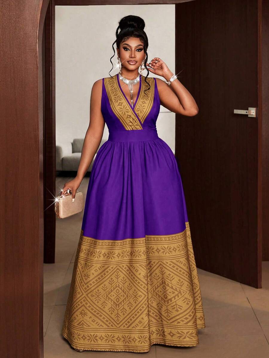 Maweii Plus Size Women Patchwork Ruched Waist Elegant Party Dress - Purple - View 1