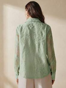 Anewsta 法国奢华串珠亮片刺绣领长袖女式衬衫，修身百搭 - 綠色 - 查看 2