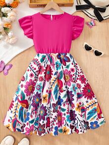Tween Girl Fuchsia Patchwork Colorful Floral & Bird Print Cap Sleeve Waist Fit Flare Dress - Multicolor - View 8