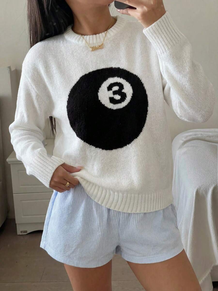 少女白色纯色圆领数字图案套头毛衣，简约风格 - 白色 - 查看 1