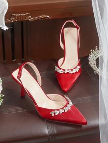 CUCCOO HITCHD Women's Pointed Toe High Heel Rhinestone Red Satin Comfortable Elegant Pumps, Suitable For Weddings, Parties, Formal Occasions - Bordeaux - View 6