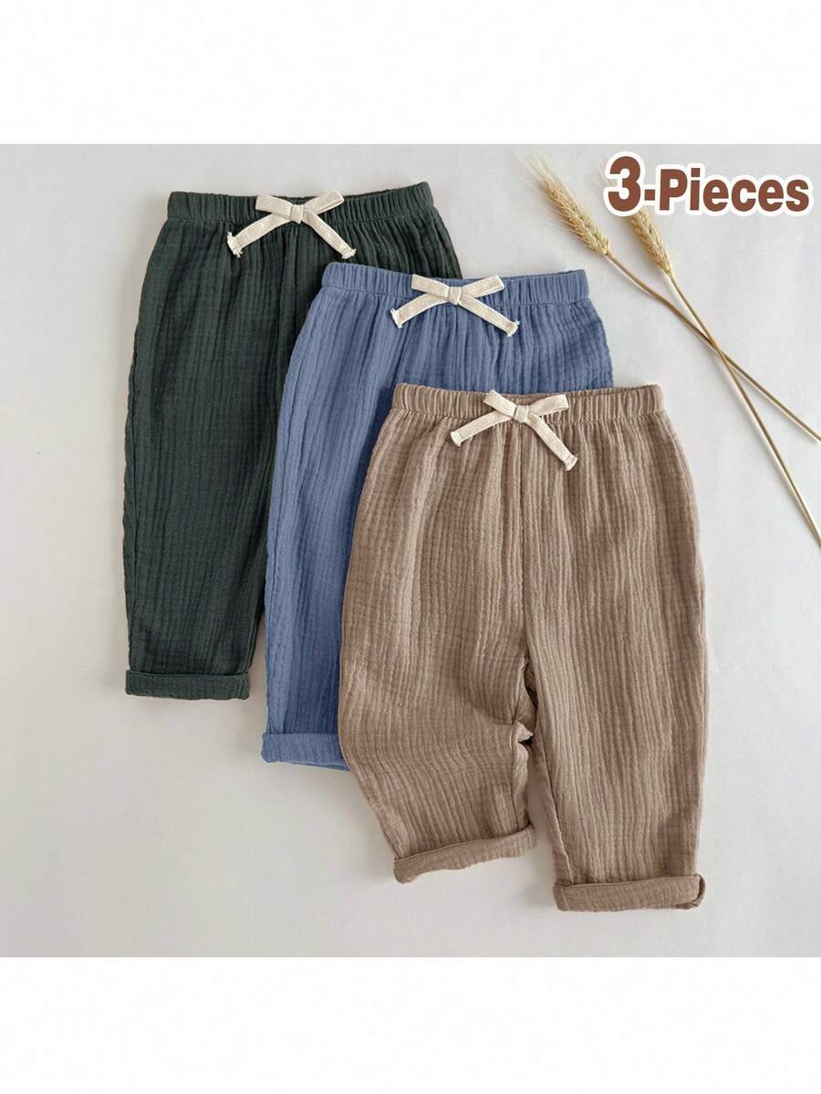 Loomiva 3pcs Baby Boy Solid Color Bow Decor Casual Versatile Daily Wear Pants Set,Kids - Multicolor - View 1