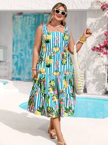Vivid Eden Plus Size Women's Holiday Dress, Summer Boho Vacation Tropical Fruit Floral Print Tiered Midi Dress, Square Neck Tie Shoulder Sundress Party - Blue and White - View 1