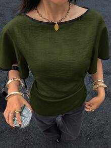 Siren Gaze 女士圆领荷叶边休闲百搭日常衬衫 - 軍綠色 - 查看 5