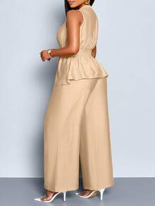 SOLERSUN Conjunto de 2 piezas de camisa sin mangas y pantalones de unicolor casual y de oficina en talla grande - Caqui - Ver 2