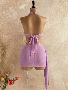 Soleia 新款度假风露背吊带镂空修身迷你连衣裙，波西米亚风，度假风，秋季女装，复古风，假日风 - 淺粉色 - 查看 2