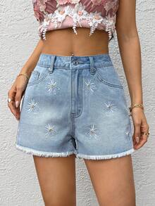 Sunnyshic 女士雏菊刺绣口袋阔腿宽松休闲牛仔短裤 - 淺色水洗藍 - 查看 1