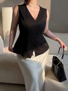 Vibekara Áo vest công sở thanh lịch, tối giản, cổ chữ V, cài cúc phía trước, cỡ lớn, thích hợp cho nữ đi làm. - màu đen - Xem 7