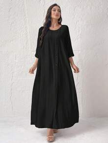 Al Najma Vestido de mujer de unicolor con cuello redondo, manga 3/4 y diseño de botones en estilo árabe - Negro - Ver 4