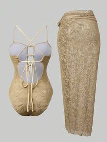 Swim Oasis Women's Leaf Print One-Piece Swimsuit And Skirt Set, Suitable For Beach Vacation, Pool Party, Beach Party, Spring/Summer - Khaki - View 2