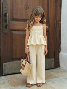 Emery Rose Kids Emery Rose Kids 2pcs/Set Young Girl  Sleeveless Top And Casual Pants In Light Yellow Beige Two Piece Set Cream Two Piece Set Pleated Set Two Piece Set Summer Two Piece Set Young Girl Ruffled Sleeveless Blouse And Pleated Loose Fit Trousers Ensemble Child Summer Outfit Summer Outfits Summer Tops - Blue - View 2