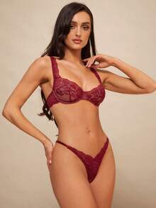 Silquee 花卉蕾絲鋼圈內衣套裝 - 酒紅色 - 查看 4