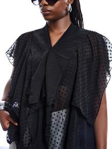 LYSMO Plus Size Women's Coffee Brown Ruffle Collar Button Front Mesh Splice Elegant Bohemian Style Blouse - Black - View 4