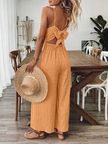 Breezaya Bộ jumpsuit nữ cổ chữ V hở lưng thắt nơ, màu đỏ hồng, thích hợp cho mùa xuân/hè. - Màu Cam san hô - Xem 5