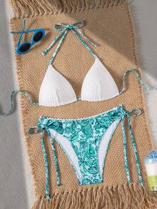 SHEIN Swim Vcay 两件套夏季新款纹理随机印花挂脖比基尼套装，饰有花卉滚边，性感优雅的泳装，适合海滩、泳池、派对穿着 - 彩色 - 查看 3