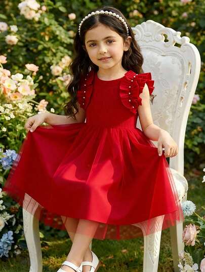 Glamorique Kids Röd klänning för småbarnsflickor, ribbad stickad topp med nätkjol, volangpärlprydda axlar, enkel rund halsringning, ljus och bedårande för högtider, full av söta inslag