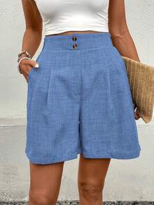 EMERY ROSE Women's Solid Color High Waist Pleated Casual Shorts - Mint Blue - View 4