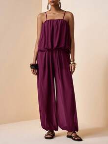 Zivah 2026春夏新款音乐节、复活节、圣帕特里克节、情人节、约会、西部风、游牧风、生日派对、毕业典礼、大学、学生、日常休闲、基础款、休闲、度假、邮轮、海滩、日光浴、热门款、街头风、婚礼宾客、通勤、早午餐、机场、派对、假日郊游、办公装、荷叶边吊带上衣和带口袋的阔腿裤，雪纺棕色两件套 - 紫色 - 查看 4