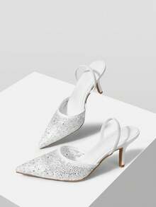 MOTF NEW WHITE POINTED THIN HEEL DIAMOND MESH LACE FASHIONABLE AND ELEGANT WOMEN'S HIGH-HEELED SHOES - White - View 4