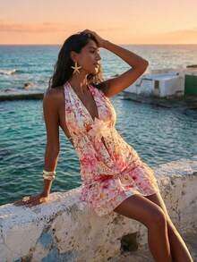 Women's Boho Multicolored Random Print Halter Camisole And Mini Skirt Knitted Two-Piece Outfit With Tie Back Details - Multicolor - View 6